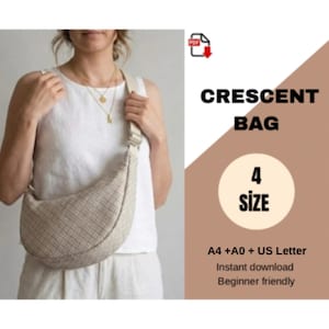 Może przedstawiać: Torba w kształcie półksiężyca w beżowo-białą kratkę z regulowanym paskiem na ramię. Obraz zawiera tekst: CRESCENT BAG, 4 SIZE, A4 + A0 + US Letter, Instant download, Beginner friendly oraz ikonę pliku PDF.