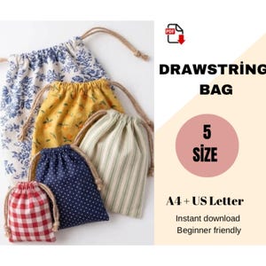 May include: Five fabric drawstring bags in various patterns including blue floral, yellow citrus, green stripes, blue polka dots, and red gingham. Each bag features a natural jute cord closure. Text reads DRAWSTRING BAG, 5 SIZE, A4 + US Letter.