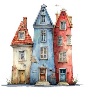 May include: A watercolour illustration of three narrow, multi-storey townhouses standing side-by-side. The left building is cream with a red roof, the centre is blue with a tall gable, and the right is red with a chimney and multiple windows.