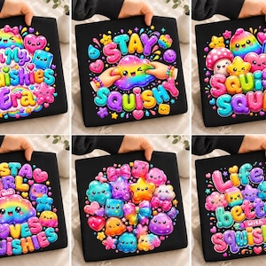 Puede incluir: Una colección de seis camisetas negras con estampados gráficos vibrantes, brillantes y de estilo 3D de coloridos personajes de dibujos animados, estrellas, corazones y arcoíris. Los diseños incluyen textos como In My Squishies Era, Stay Squishy, Squish Squad, Just A Girl Who Loves Squishies y Life is better with Squishies.