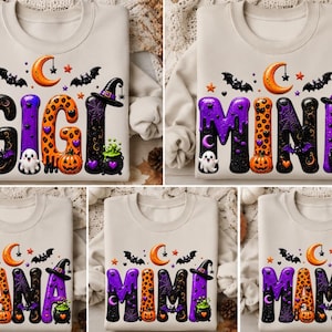 Puede incluir: Una sudadera de cuello redondo beige con un gráfico de Halloween que muestra la palabra GIGI, MINI, NANA, MIMI o MAMA. Las letras están decoradas con patrones naranjas, morados y negros, fantasmas, calabazas, murciélagos y un caldero con sombrero.