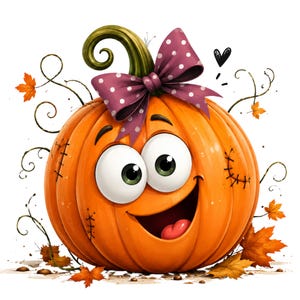May include: A bright orange pumpkin character with a wide, happy smile, large white eyes, and a purple polka-dot bow on its green stem. The pumpkin features stitched details on its sides and is surrounded by swirling vines and orange autumn leaves.