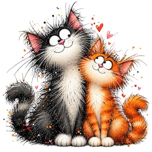 Könnte beinhalten: Eine verspielte Illustration von zwei flauschigen Katzen, die nebeneinander sitzen. Eine Katze ist schwarz mit weißer Brust und Pfoten, die andere ist ein orangefarbener Tiger mit weißer Brust und Pfoten. Beide haben große Augen und rosa Nasen.