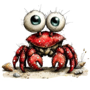 Op de afbeelding: Een grillige illustratie van een felrode krab met grote, prominente ogen op steeltjes. De krab heeft een getextureerd, gespikkeld schild en scherpe scharen, omringd door kleine schelpen op een zanderige ondergrond tegen een witte achtergrond.