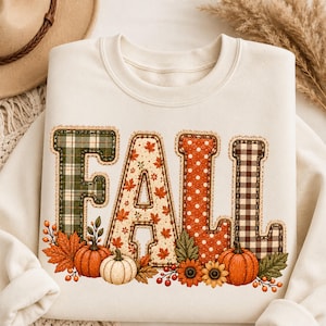 Herfst patchwork letters PNG, gezellig herfst sublimatieontwerp, pompoen geruit herfstwoord PNG voor T-shirt, mok, Thanksgiving decoratie