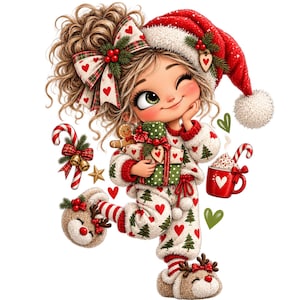 Puede incluir: Un personaje de dibujos animados con pelo rizado lleva un gorro de Papá Noel rojo, pijama blanco con corazones rojos y árboles verdes, y zapatillas de reno. Sostiene un regalo y un hombre de jengibre, rodeado de corazones y una taza roja.