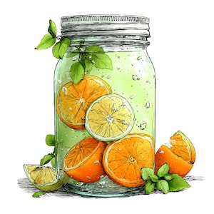 Puede incluir: Un frasco de vidrio transparente lleno de un líquido verde claro, varias rodajas de naranja y hojas de menta fresca. El frasco cuenta con una tapa metálica de rosca y está decorado con líneas de tinta detalladas y vivos acentos de acuarela.