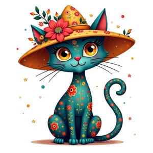以下が含まれることがあります： 体と尻尾に赤とオレンジの花の模様が描かれた青緑色の猫。大きな赤い花と緑の葉で飾られたつばの広い黄色い帽子をかぶっており、長いまつげのある大きな琥珀色の目をしている。背景には小さな花やドットが散りばめられている。