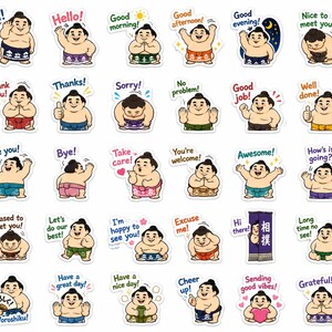 May include: A collection of thirty die-cut stickers featuring cartoon sumo wrestlers in various poses and expressions. Each sticker includes English text such as Hi, Hello, Good morning, Thank you, Sorry, Awesome, and Yoroshiku with a Japanese kanji character.