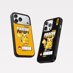 May include: Two smartphone cases featuring a pixel art Pikachu character. One case has a yellow honeycomb background, the other a black honeycomb background. Both display the text Pikachu, base stats, and a small Poké Ball icon on the lower left.