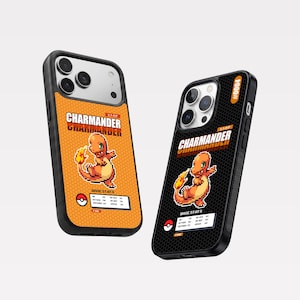 Pode incluir: Duas capas de telemóvel com uma personagem Charmander em pixel art. Uma capa tem um fundo laranja com padrão de favo de mel, a outra é preta com padrão de favo de mel. Ambas exibem o texto Charmander, estatísticas base e um ícone Poké Ball.