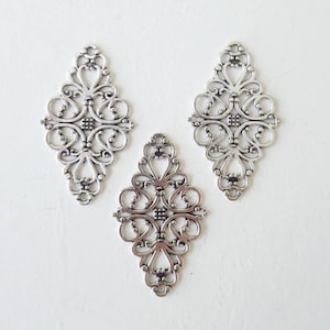 Silver Vintage Filigree Blank Connector 24x41mm Flower Charm Jewelry Findings 3 pieces or Bulk