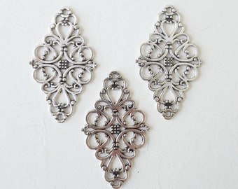 Silver Vintage Filigree Blank Connector 24x41mm Flower Charm Jewelry Findings 3 pieces or Bulk