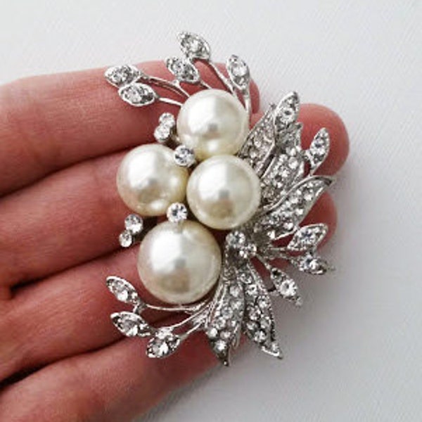 Pearl Wedding Brooch Bouquet Hair Belt Pearl Pin, Bridal Accessories, Gift for 50th Birthday, Rhinestone Belt Brooch,