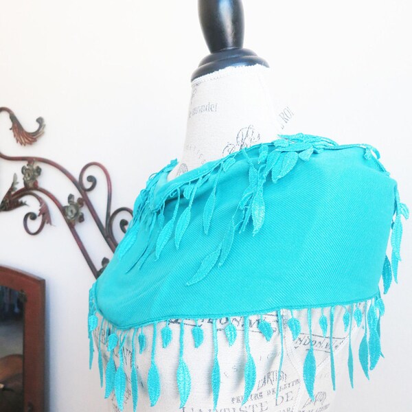 Ship from US-Turquoise Blue Chunky Leaves Lace Scarf-Spring Fashion-Summer Beach Weddings-Pashmina-Cotton-Robin Egg Blue