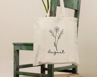 Flower Tote Bag, Birth Month Flower August Birthday Tote Bag, Wildflower Cotton Tote Bag Aesthetic