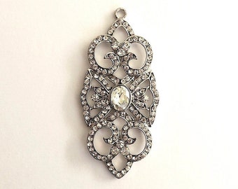 Art Deco Pendant, Silver Filigree Rhinestone Connector, Vintage style Pendant for Jewelry, Earrings, Brooch, Bracelet, Necklace