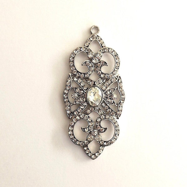 Art Deco Pendant, Silver Filigree Rhinestone Connector, Vintage style Pendant for Jewelry, Earrings, Brooch, Bracelet, Necklace