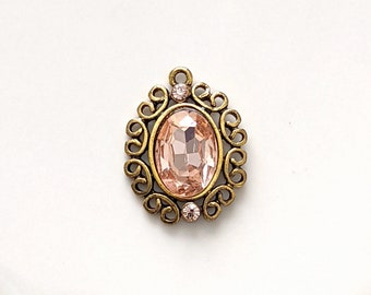 Filigree Pendant Antique Gold, Crystal Framed Oval Pendant Charm