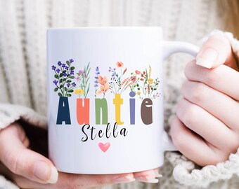 Custom Name Aunt Mug Personalized Wildflowers Auntie Mug 15oz Personalized Auntie Gift Idea Pregnancy Announcement Reveal to Aunt