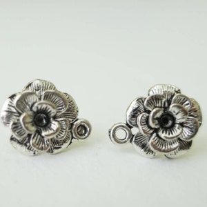 Antique Silver Flower Ear Stud with Loop Earrings Post Vintage Style Jewelry Making Supplies 11m 1 Pair
