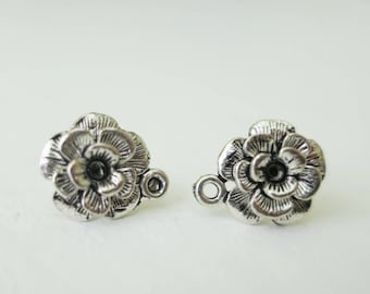 Antique Silver Flower Ear Stud with Loop Earrings Post Vintage Style Jewelry Making Supplies 11m 1 Pair