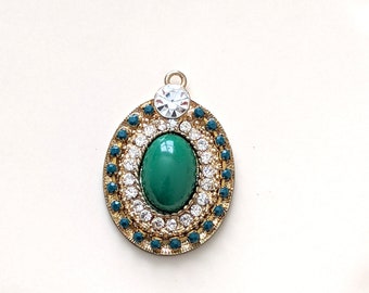 Oval Pendant Jade Green, Vintage Style Gold Brass Charm, Large Stone Pendant