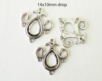 14x10mm Drop Silver Plated Blank Setting Tibetan Style Cabochon Chandelier Connector Links Open Back Lead Free Flower Antique Silver