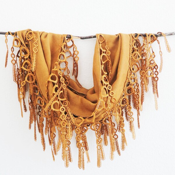 Caramel Golden Rustic Lace Cotton Pashmina Fashion Scarf