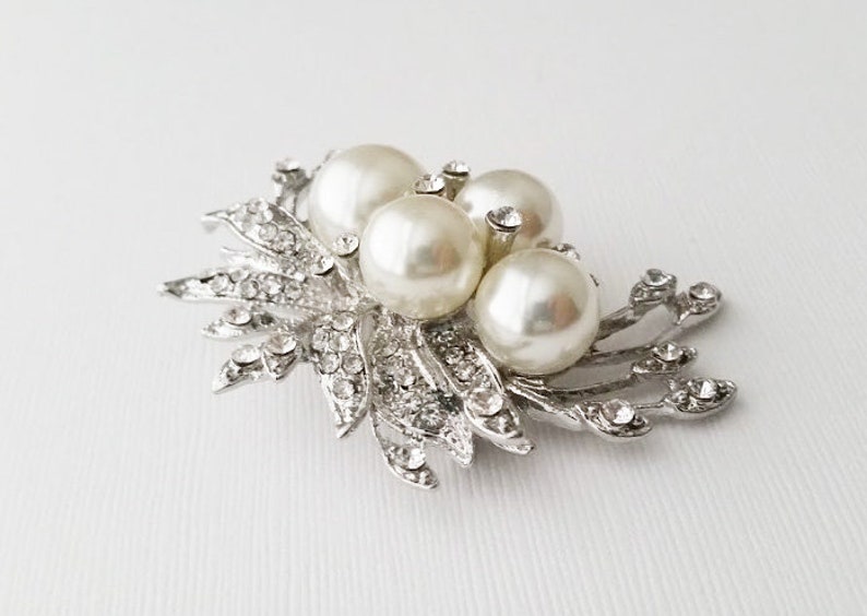 Large Pearl Brooch Pin With Crystal Leaves Lead Nickel Free Etsy