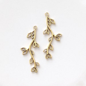 2 pcs. Gold Leaf Connectors, Long Bar Branch, Bridal Wedding Jewelry Pendant DIY Earrings Charm, Nature Lovers Findings Filigree Setting