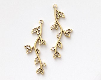 2 pcs. Gold Leaf Connectors, Long Bar Branch, Bridal Wedding Jewelry Pendant DIY Earrings Charm, Nature Lovers Findings Filigree Setting