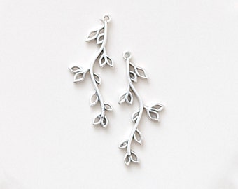 Cascading Leaf Connectors, Long Bar Silver Branch Bridal Wedding Jewelry Pendant DIY Earrings Charm, Nature Lovers Findings Filigree Setting