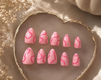 Pink Current | Handgefertigte pinkfarbene Mandel-Press-on-Nägel