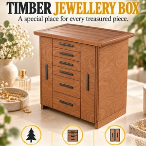 May include: A wooden jewellery box featuring six central drawers and two vertical side doors with black handles. The text reads Clever Cockie Timber Jewellery Box, A special place for every treasured piece, Beautiful natural timber, Six central drawers, Two vertical side drawers, Timeless timber. Thoughtful storage.