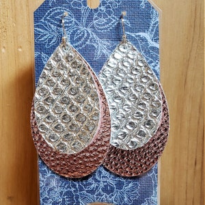 Silver Snakeskin Faux Leather on Rose Gold Shimmer Backdrop Earrings