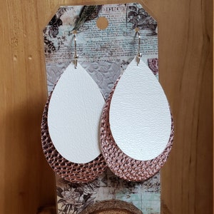 White Faux Leather on Rose Gold Shimmer Backdrop Earrings