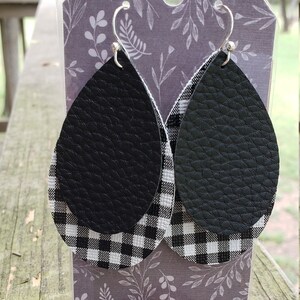 Black Faux Leather on Black/White Plaid Earrings