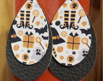Halloween with Black Faux Leather Backdrop Earrings
