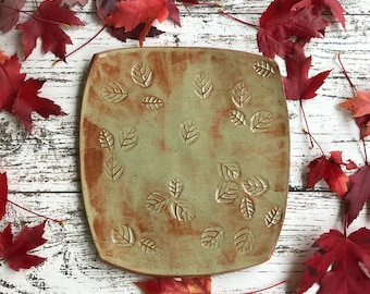Freeform square serving plate with leaf texture surface