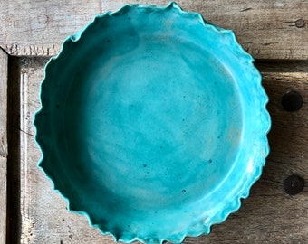 Turquoise ruffled flat bottom bowl