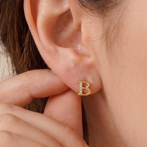 18K Gold Diamond Initial Stud Earrings, Personalized Monogram Studs, Dainty CZ Earring, Best Friend Gift, Valentine's Day Gift, Gift for Her