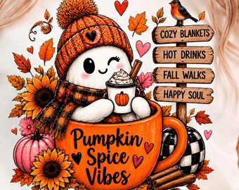 Pumpkin Spice Png, Fall Shirt Design, Cute Ghost Coffee Sublimation Png, Cozy Autumn Sunflower Coffee Lover Gift, Fall Digital Download