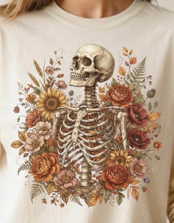 Floral Skeleton PNG, Botanical Ribcage Sublimation Design, Boho Skull Flowers, Cottagecore Goth Shirt, Wildflower Anatomy,DIGITAL PRODUCT