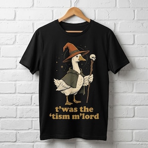 Op de afbeelding: Een zwart t-shirt met een afbeelding van een witte gans die een bruine tovenaarshoed en een donkergroene cape draagt. De gans houdt een houten staf vast met een kleine schedel erop. Onder de afbeelding staat de tekst: t'was the 'tism m'lord.