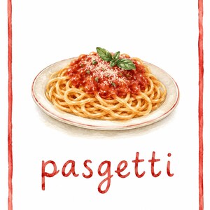 Può includere: Un'illustrazione ad acquerello di un piatto di spaghetti conditi con salsa di pomodoro rossa, formaggio grattugiato e una foglia di basilico verde. La parola pasgetti è scritta in lettere minuscole rosse sotto il piatto, il tutto incorniciato da un bordo rosso.