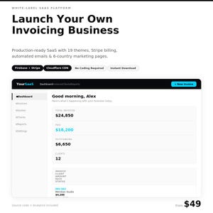 Puede incluir: Una interfaz de plataforma SaaS de marca blanca para un negocio de facturación. El panel muestra métricas financieras que incluyen montos totales facturados, pagados y pendientes, recuento de clientes y una lista de facturas recientes.