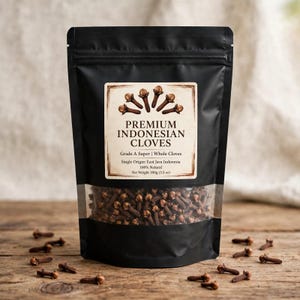 May include: A black stand-up pouch containing whole cloves, with a clear window showing the contents. The label reads: PREMIUM INDONESIAN CLOVES, Grade A Super | Whole Cloves, Single Origin: East Java Indonesia, 100% Natural, Net Weight 100g (3.5 oz).