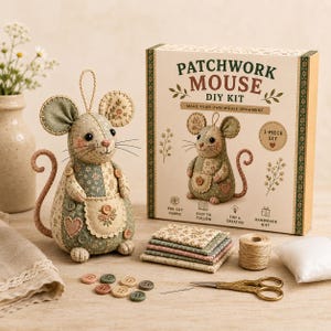 Kit de costura de ratón de patchwork, manualidad de adorno animal de tela, muñeca hecha a mano estilo cottagecore