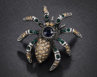 Gothic Spinnen Brosche | Antikes Silber, Champagner, Smaragdstrass, Dark Academia Schmuck